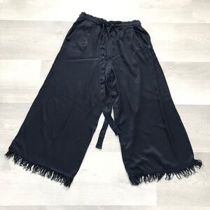 TINA JO SATIN WIDE LEG CROP PANTS MIDNIGHT BLUE FINGE HEM SMALL